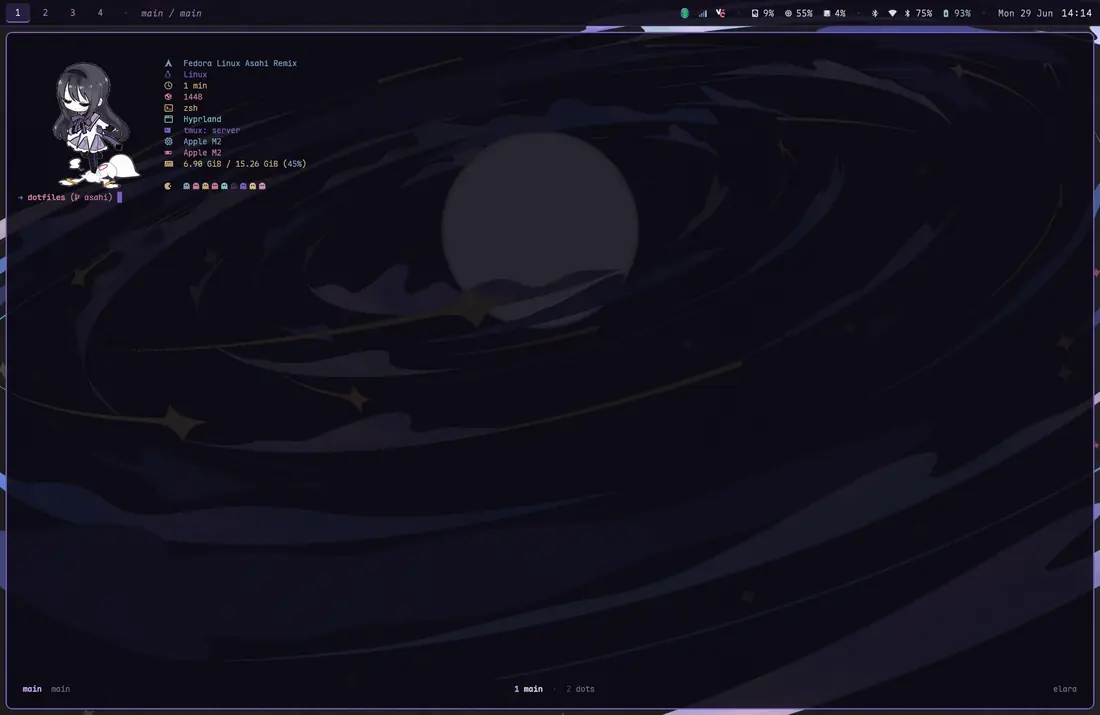 A dark Hyprland desktop: a deep indigo Jupiter wallpaper, a thin Waybar along the top, and a kitty terminal showing fastfetch output for Fedora Asahi Remix on an Apple M2.