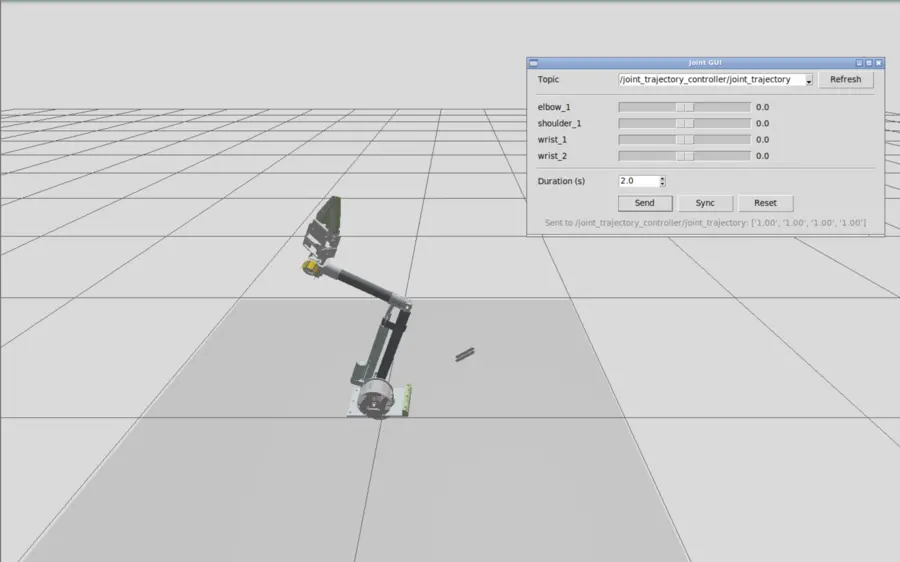 A rover arm in a Gazebo 3D scene, with a joint trajectory controller panel driving the elbow, shoulder and wrist joints.